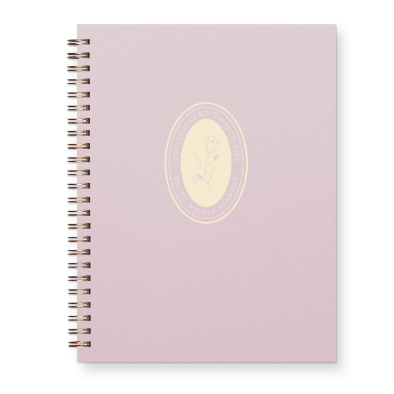 Letterpress Dated 2025 Planner featuring a floral design on a purple cover