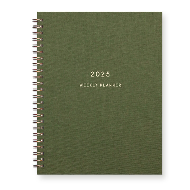 Letterpress 2025 Dated Planner with green linen cover and simple text