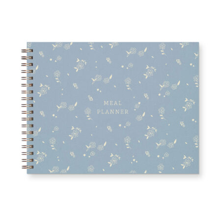 Grocery Shopping weekly meal planner with spiral bound light blue cover and a floral pattern.