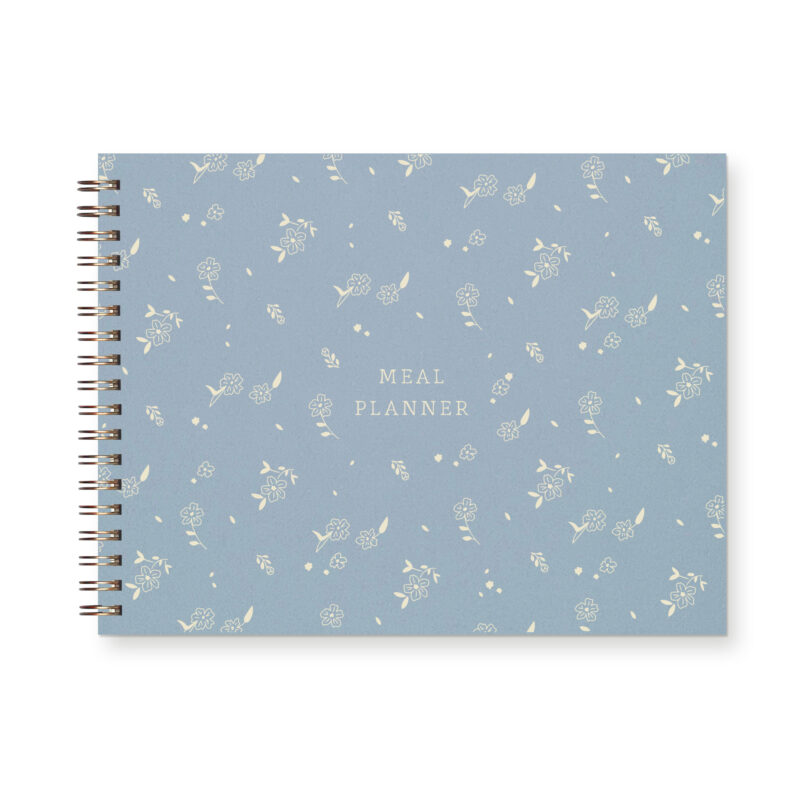 Grocery Shopping weekly meal planner with spiral bound light blue cover and a floral pattern.