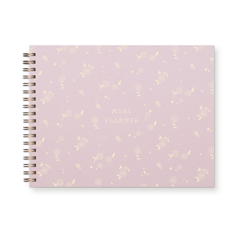 Grocery Shopping weekly meal planner with spiral bound light purple cover and a floral pattern.