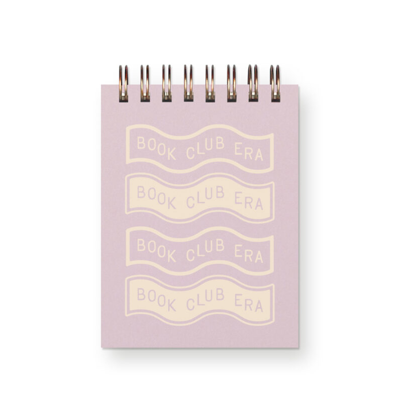 Spiral bound mini notebook with wavy design featuring the phrase "book club era"