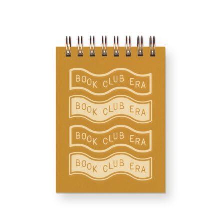 Spiral bound mini notebook with wavy design featuring the phrase "book club era"