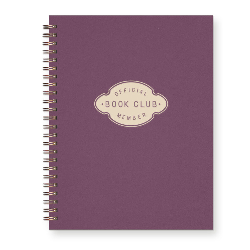 Purple Spiral Bound notebook featuring a name plate design that says "official book club member"