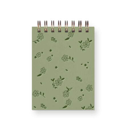 Light green spiral bound mini notebook featuring a floral pattern in a dark green letterpress.