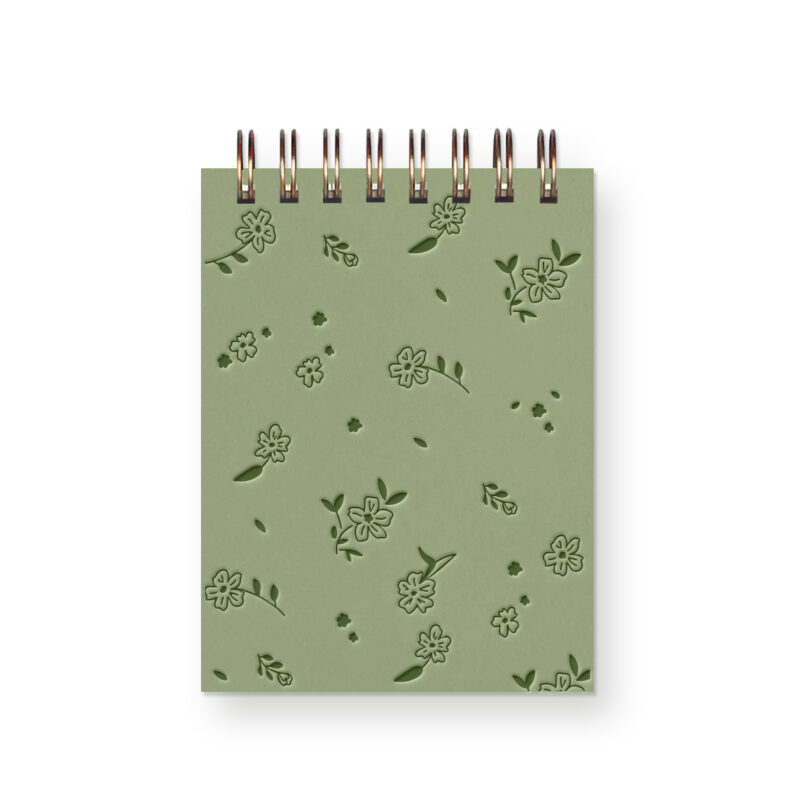 Light green spiral bound mini notebook featuring a floral pattern in a dark green letterpress.